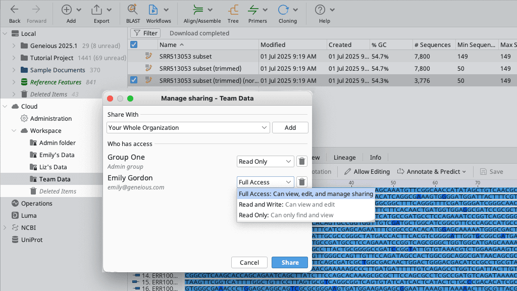 Data management in Geneious Prime